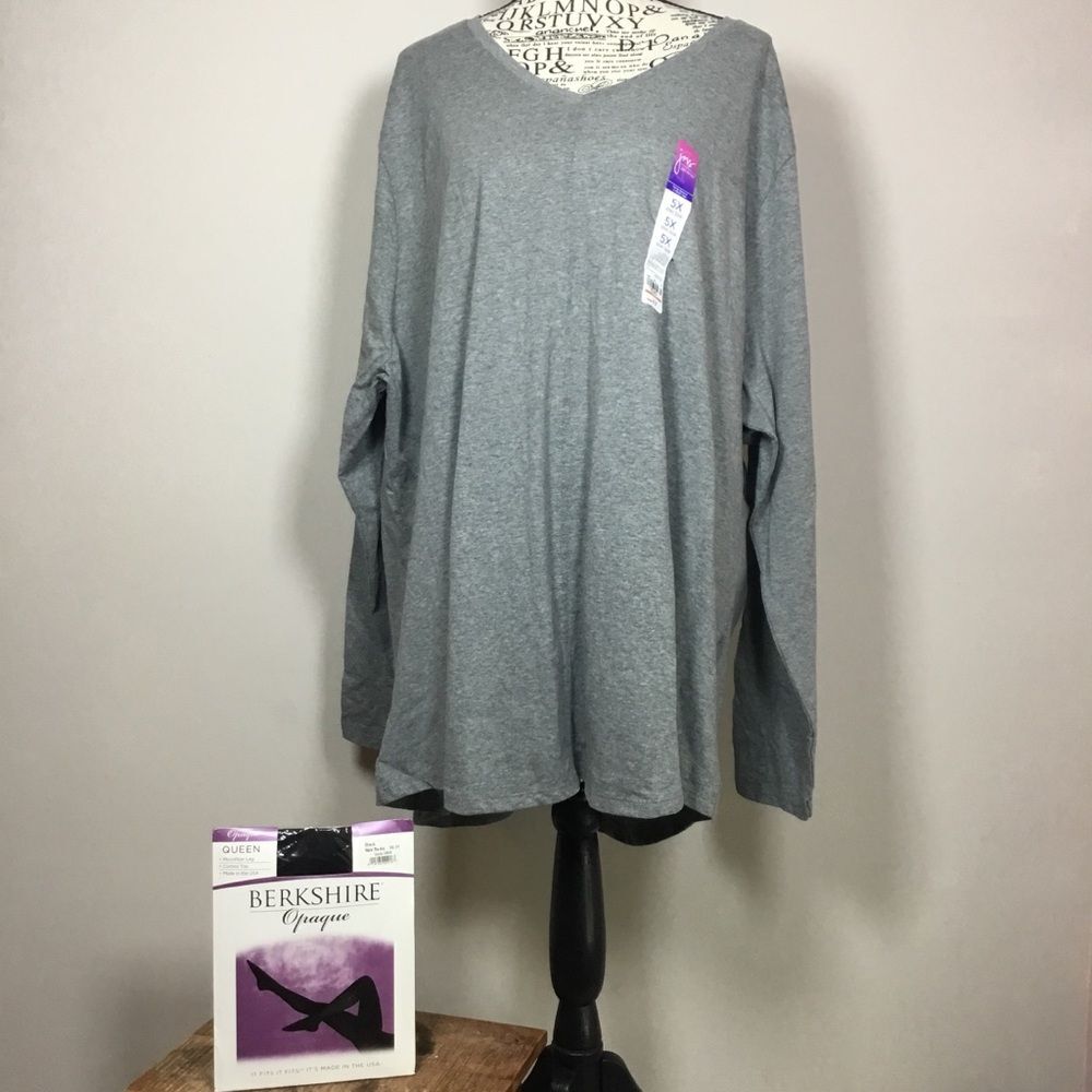 5X bundle light grey vee neck long sleeve shirt and Berkshire black opaque hose